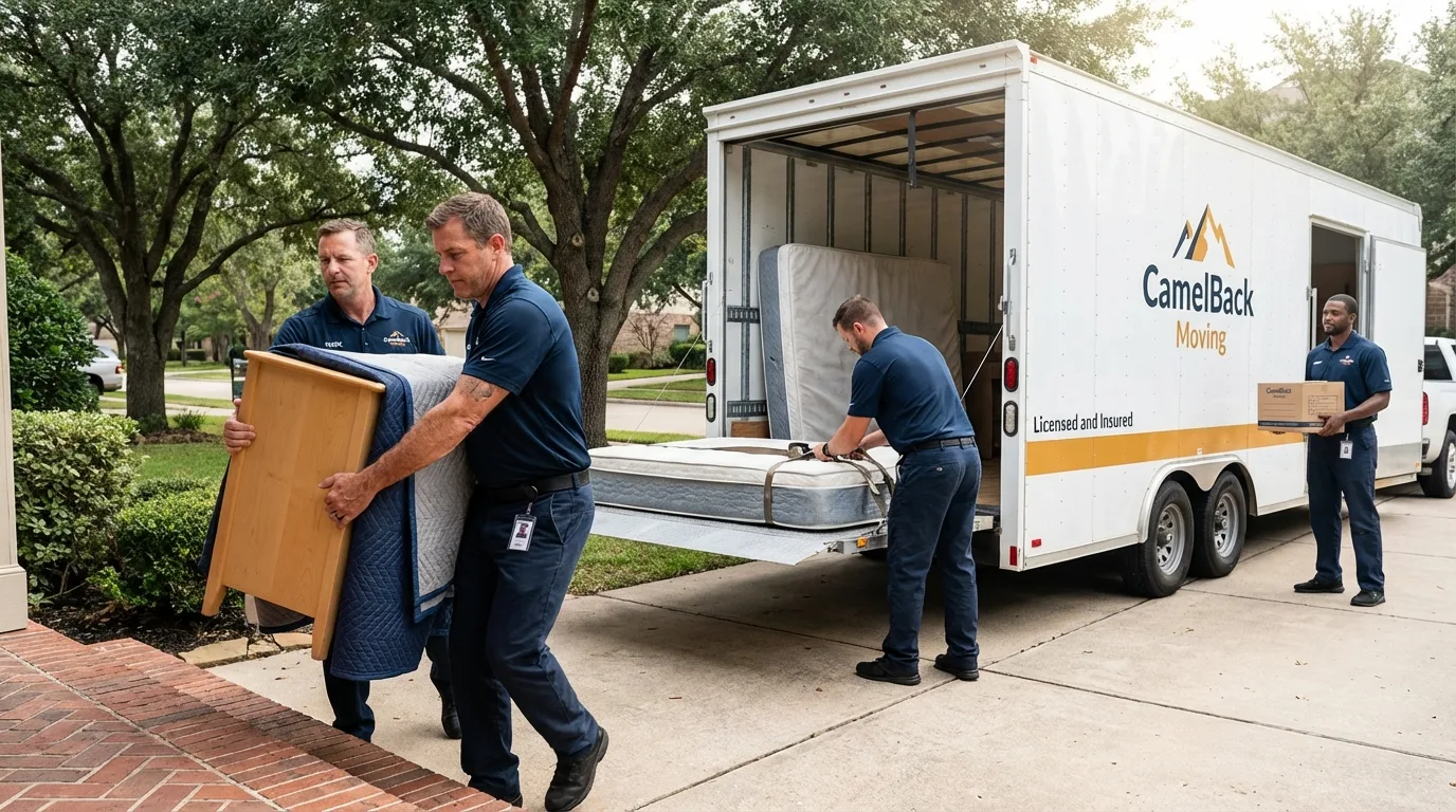 Crew loading residential truck for cross-state move from Hudson, NC