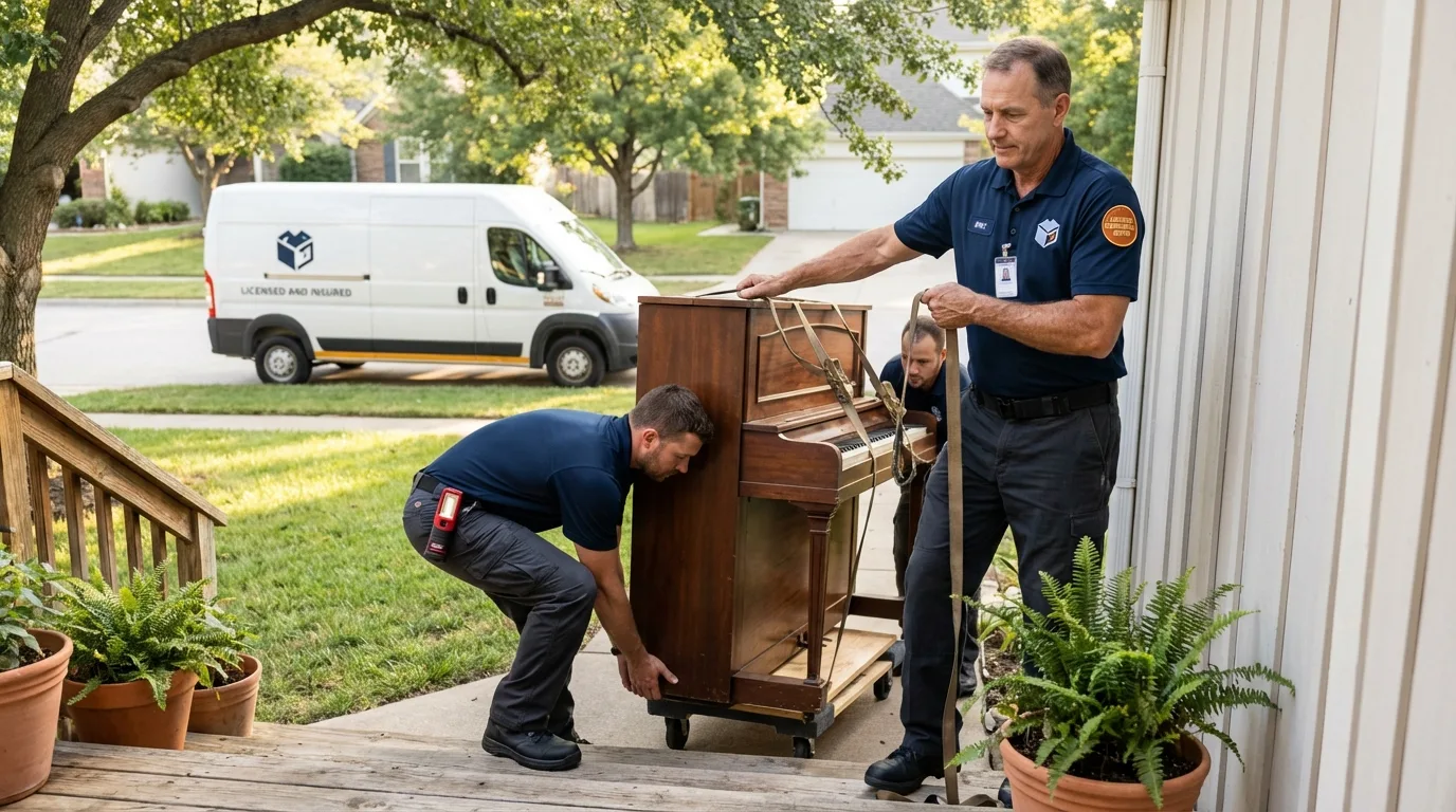 Licensed piano movers securing grand piano in Hudson, NC
