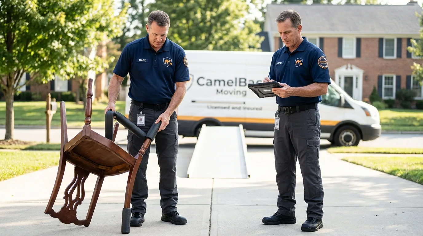 Movers inspecting furniture for damage prevention before loading in Hudson, NC