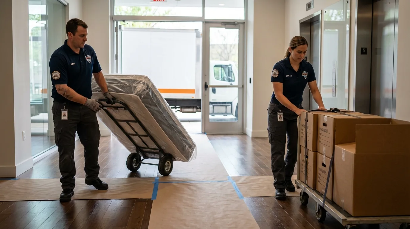 Professional apartment movers loading elevator in Hudson, NC