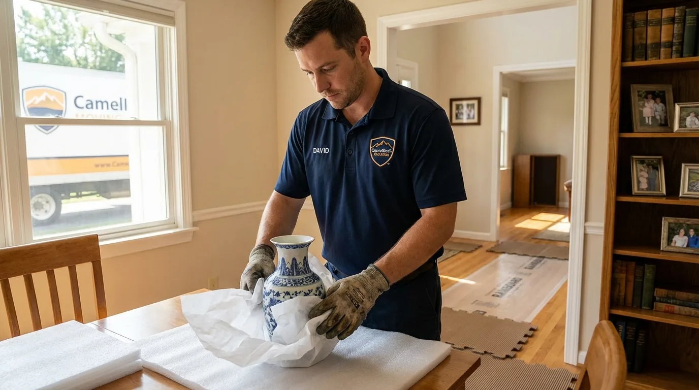 Professional crew carefully wrapping antique vase for senior downsizing move in Hudson, NC